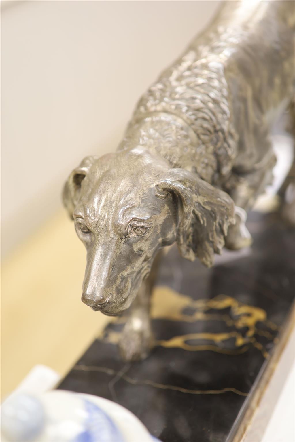 Clovis Edmond Masson. A spelter retriever on marble base, legnth of base 60cm, overall height 26.5cm.